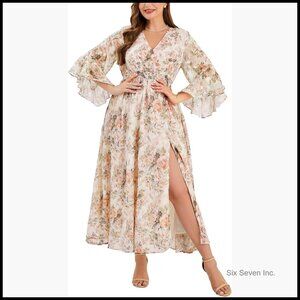 Plus Size Embroidered Chiffon Formal Maxi Dress with V-Neck Bell Sleeves